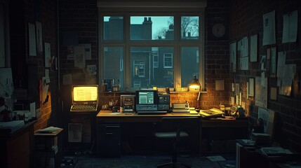 Night Study Desk, Brick Room, City View, Papers, Work