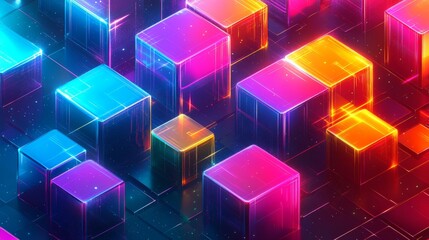 Obraz premium An isometric digital block design set against an abstract geometric background, illustrating the blockchain concept and modern tech