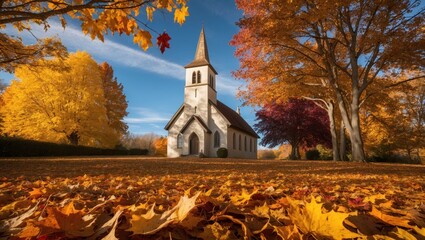Small Church in Autumn with Snow