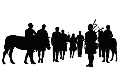 Silhouetted people celebrating with bagpipes and horse