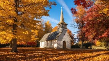 Small White Church in Autumn 
