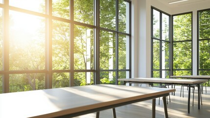 Fototapeta premium Sunlit Modern Office with Large Windows and Green View.