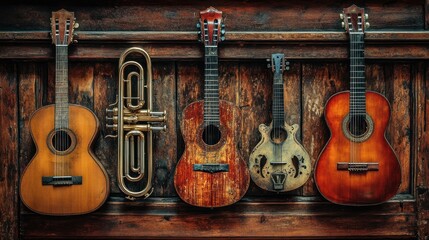 Naklejka premium Vintage guitars and trumpet on weathered wooden wall