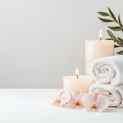Relaxing spa treatment with essential oils and candles, peaceful wellness atmosphere, soft pastel tones