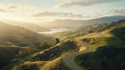 Scenic Winding Road Through Rolling Hills at Sunset