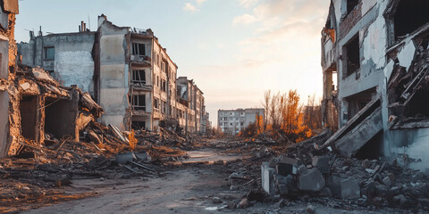 Ruined city. Destroyed buildings
