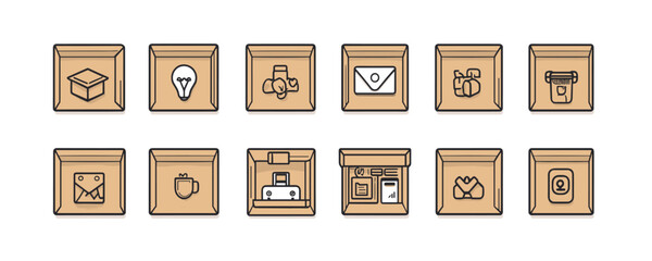 Minimalist icons of boxes with varied contents representing ideas, emails, gifts, and more. Vector