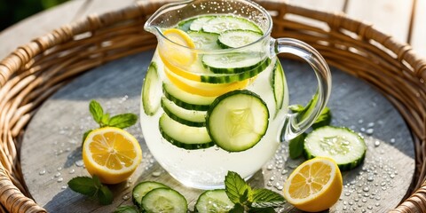 Cucumber and Lemon Infused Water in a Jug