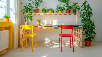 Vibrant desk and shelves crafted from upcycled wooden pallets