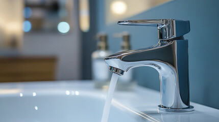 Faucet flows with clean water in a minimalist bathroom. The chrome fixture shines against a soft blue background, creating a sense of tranquility.