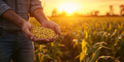 Farmer in corn field holding crop in hands at sunset, close up