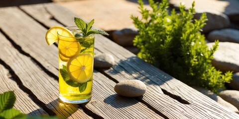 Lemon and Mint Infused Water on a Wooden Table