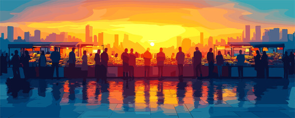 Vibrant urban market at sunrise with diverse crowd overlooking cityscape. Vector