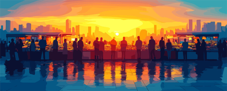 Vibrant urban market at sunrise with diverse crowd overlooking cityscape. Vector