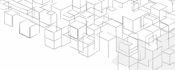 Abstract geometric wireframe of floating cubes in white space with depth and perspective. Vector