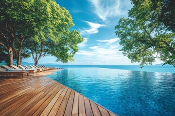 From the sunbed on the sundeck of a luxurious beach hotel with a pool, you can enjoy a panoramic view of the sparkling sea and golden sandy shore, creating an idyllic setting for a vacation home or