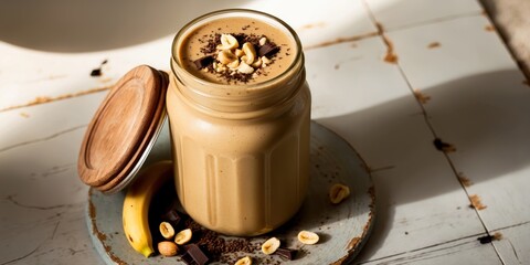 Creamy Peanut Butter Chocolate Smoothie with Granola in a Glass Jar