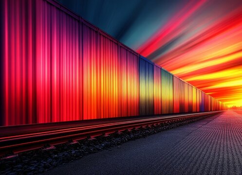 At sunset, two freight trains loaded with vibrant shipping containers meet on parallel tracks, forming a striking tableau of international commerce and transport