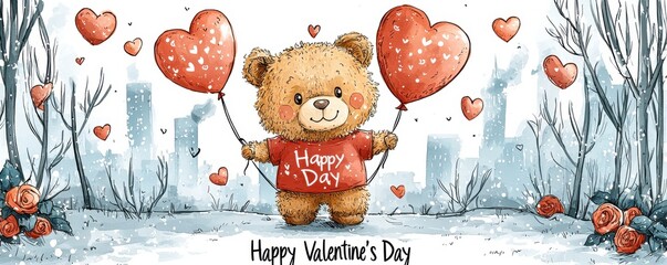 Cute teddy bear with heart balloons celebrating Valentine's Day