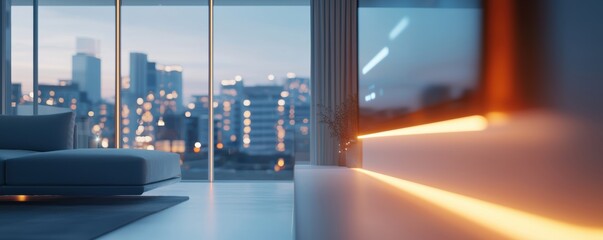 Smart home interface with a futuristic voice assistant, high-tech modern living room, glowing UI elements, ultra-HD clarity