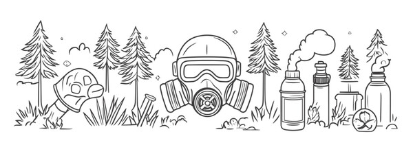 Hand-drawn post-apocalyptic scene with gas mask, nature, and pollution elements. Vector