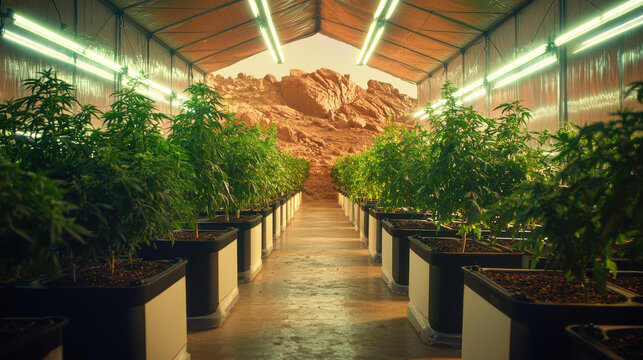 Innovative Mars greenhouse featuring robotic gardeners and bioengineered fruit trees under glowing smart sensors amidst red rock formations