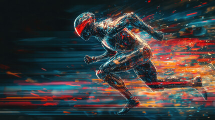 Futuristic cybernetic athlete sprints with mechanical limbs demonstrating advanced sports technology and dynamic motion