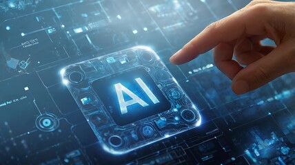 Man Interacting with AI Icon on Electronic Circuit Board – Artificial Intelligence and Technology, AI technology, machine learning, deep learning, digital transformation

