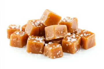 Caramel candy cubes on solid white background. Neural network AI generated