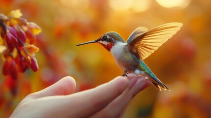 Naklejka premium Grasping the tip of a human finger with its minuscule talons, a tiny hummingbird, resplendent with metallic blue and emerald feathers, perched delicately