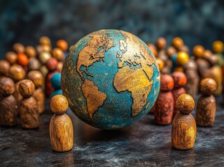 Fototapeta premium A luminous sphere is surrounded by symbolic human figures, symbolizing global unity and connection on a dimly lit stage with gentle lighting