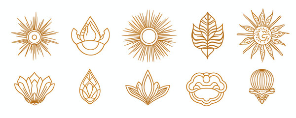 Set of ten geometric line art sun and leaf abstract designs. Vector