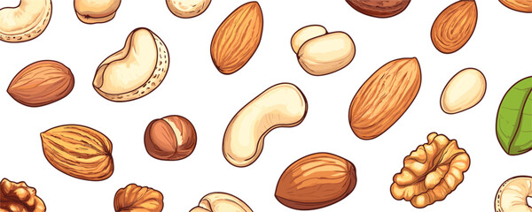 Assorted nuts on white background: cashews, almonds, walnuts, and more. Vector