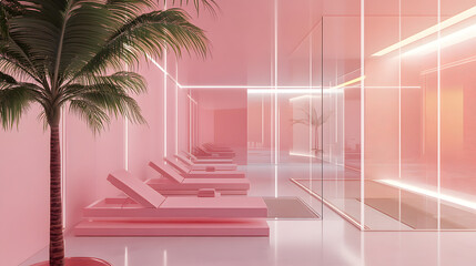 A pink neon light and white color scheme indoor spa with palm trees

