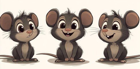 Fototapeta premium A group of four cartoon mice, each standing alone on a white background