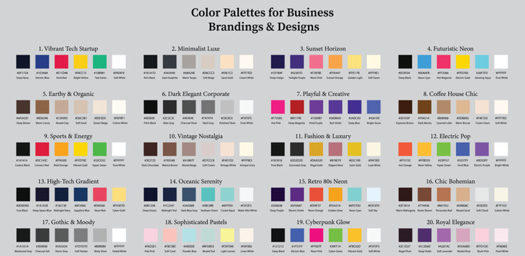 Color Palettes Set of 20, for Business Brandings and Designs, 6 Colors Set, Color Schemes with Hex Codes and Names, Color Swatches and Combinations, Vector Illustration