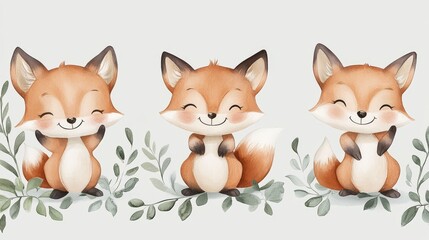 Fototapeta premium Four watercolor illustrations showcasing delightful woodland foxes, perfect for use in prints and card designs