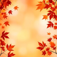 background featuring soft orange, red, and yellow colors blending together, with silhouettes of falling maple leaves in the corners