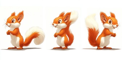 A collection of four charming hand-drawn watercolor illustrations featuring adorable European squirrels on a white background, ideal for nature enthusiasts