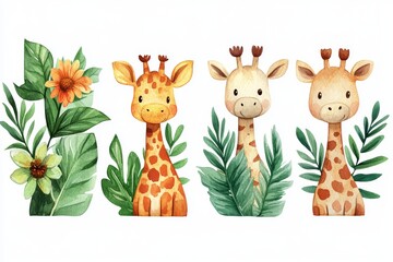 Obraz premium A trio of full-body illustrations featuring tall giraffes on a white background