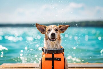 Dog swimming is safer with a water-friendly life jacket. A happy dog in an orange life jacket enjoys a splash near the water, ready for a fun day outdoors.