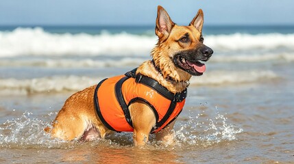 Dog swimming is safer with a water-friendly life jacket. A happy dog in a life vest plays in the shallow water at the beach, enjoying a sunny day by the sea.