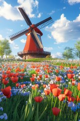 Vintage wooden windmill with beautiful colorful wild flowers in Spring.