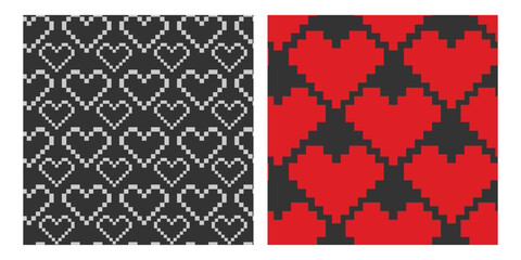 Pixel Art Light and Red hearts Seamless Patterns on dark Background White or Valentine Day wallpaper © Nataliya