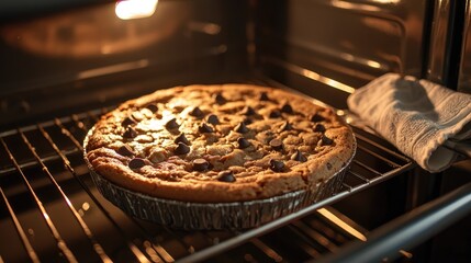Warm Chocolate Chip Cookie Pie Baking in Oven