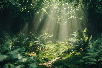 Fototapeta premium Sunbeams illuminate a magical forest path, ferns and wildflowers carpet the ground.