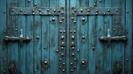 Fototapeta premium Ornate, aged teal wooden doors with metal hardware