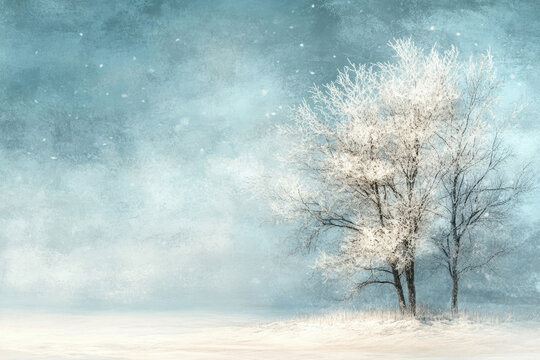 Two frost-covered trees stand in a serene winter landscape, snow falling softly.