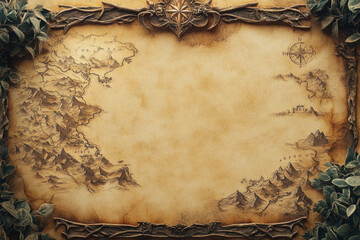 Fototapeta premium An antique, ornate map depicting a fantasy world with mountains, coastlines, and a compass rose.