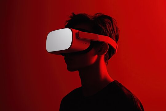 Virtual reality headset user immersed in a digital world, neon-lit cyber environment, modern technology experience